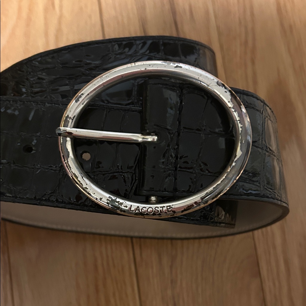 Lacoste Black Croc-Patterned Belt With Silver Buckle